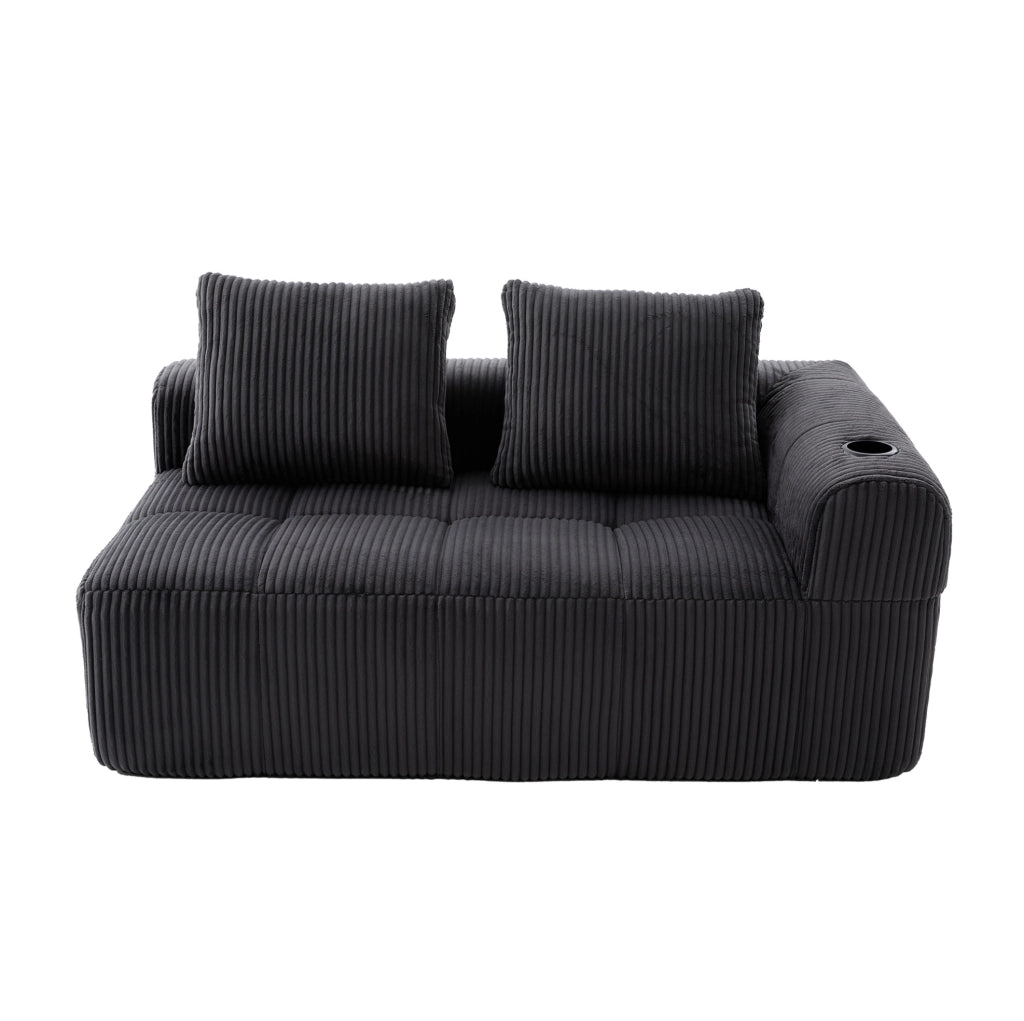 Divano compatto in velluto a coste grigio scuro con tasche laterali e portabicchieri; 158 x 93 x 61 cm