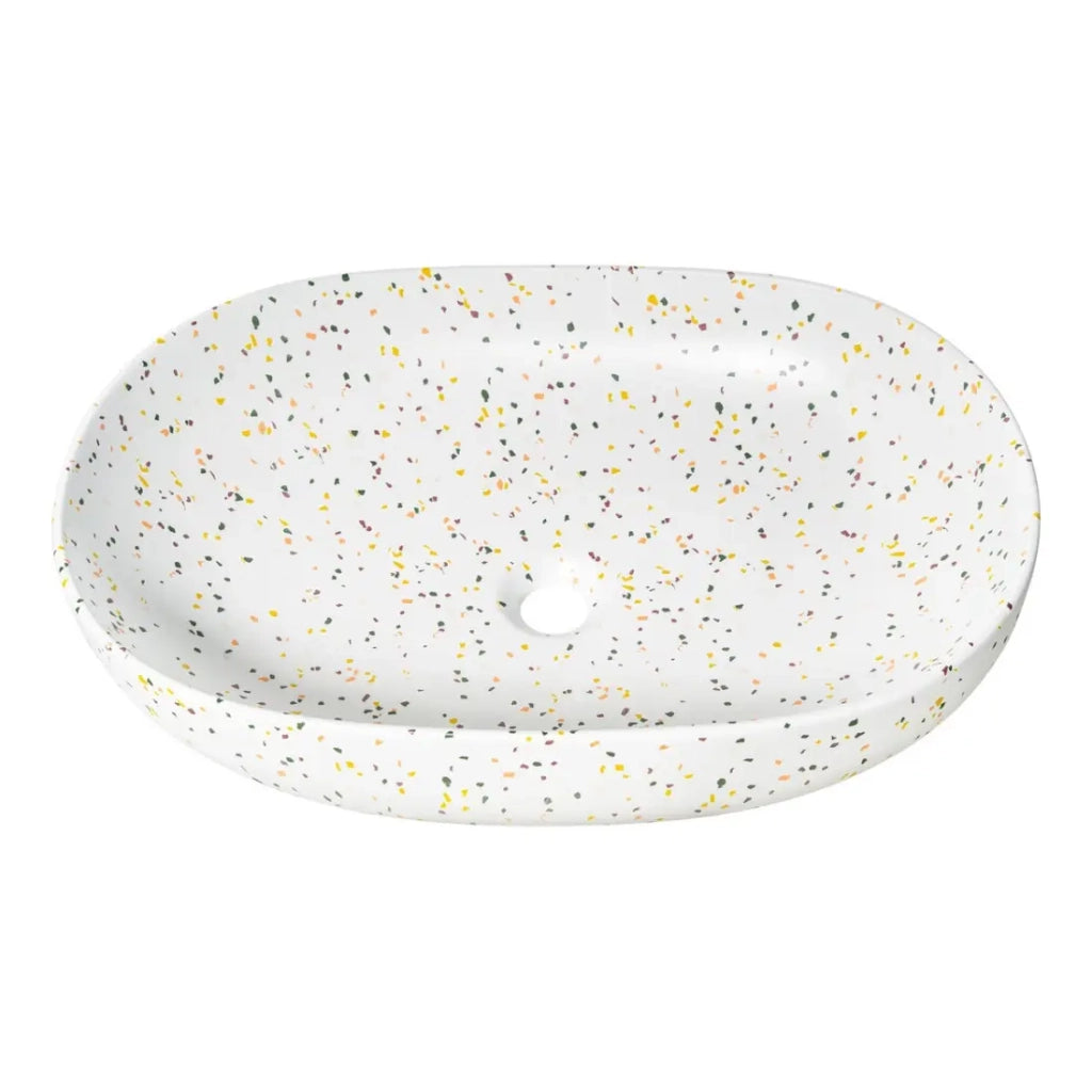 Lavabo ovale da appoggio 60x41,5 cm bianco maculato multicolore con piletta clic clac