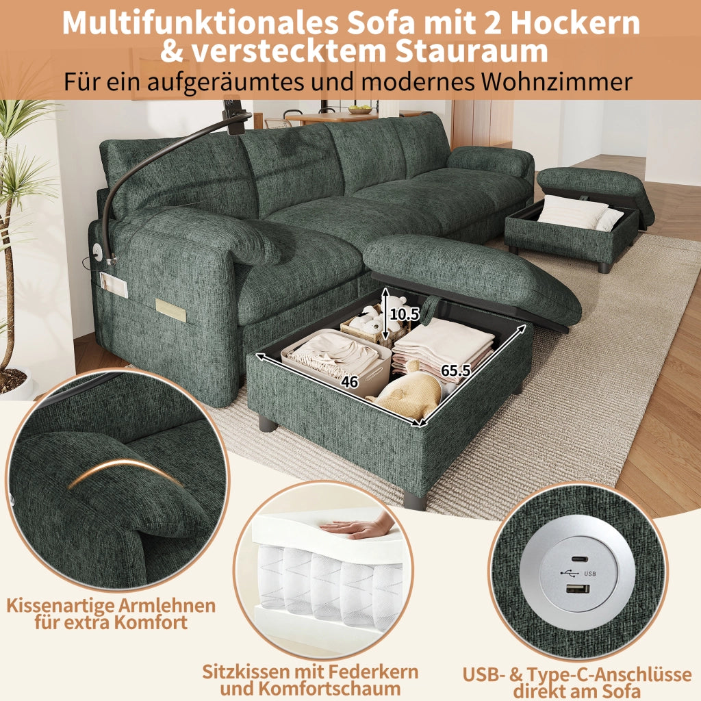 Divano modulare 6 posti a L/U con pouf contenitore; USB e Type-C; chenille verde