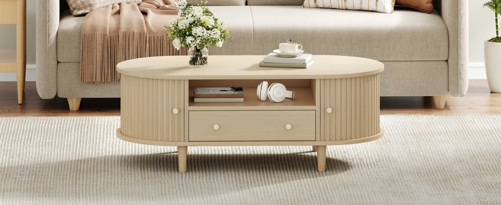 Tavolino da salotto ovale con cassetto, vano aperto e 2 ante a rullo per soggiorno, in mdf rovere, 100 × 50 × 36 cm