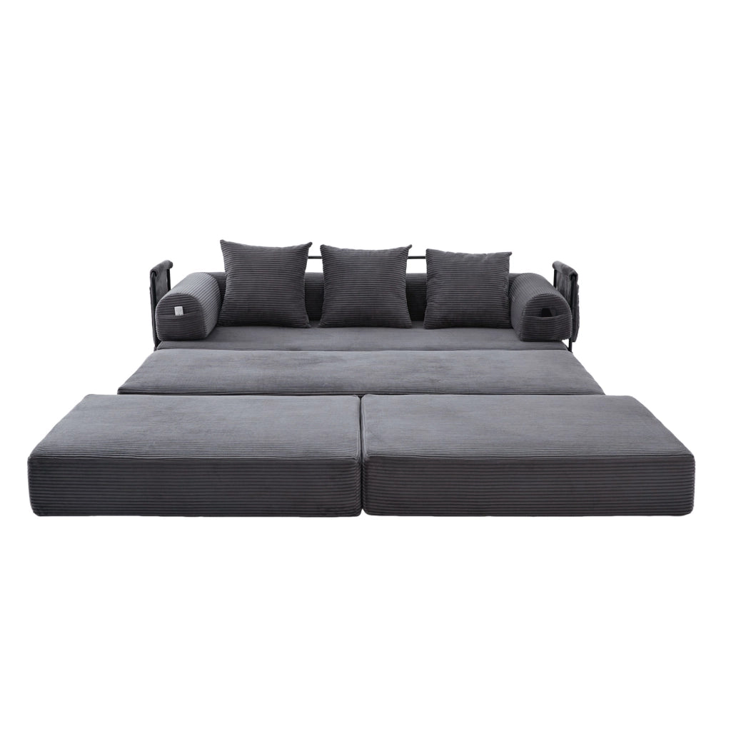Sofa modulare in velluto a coste con pouf; tasca laterale e 3 cuscini; grigio scuro