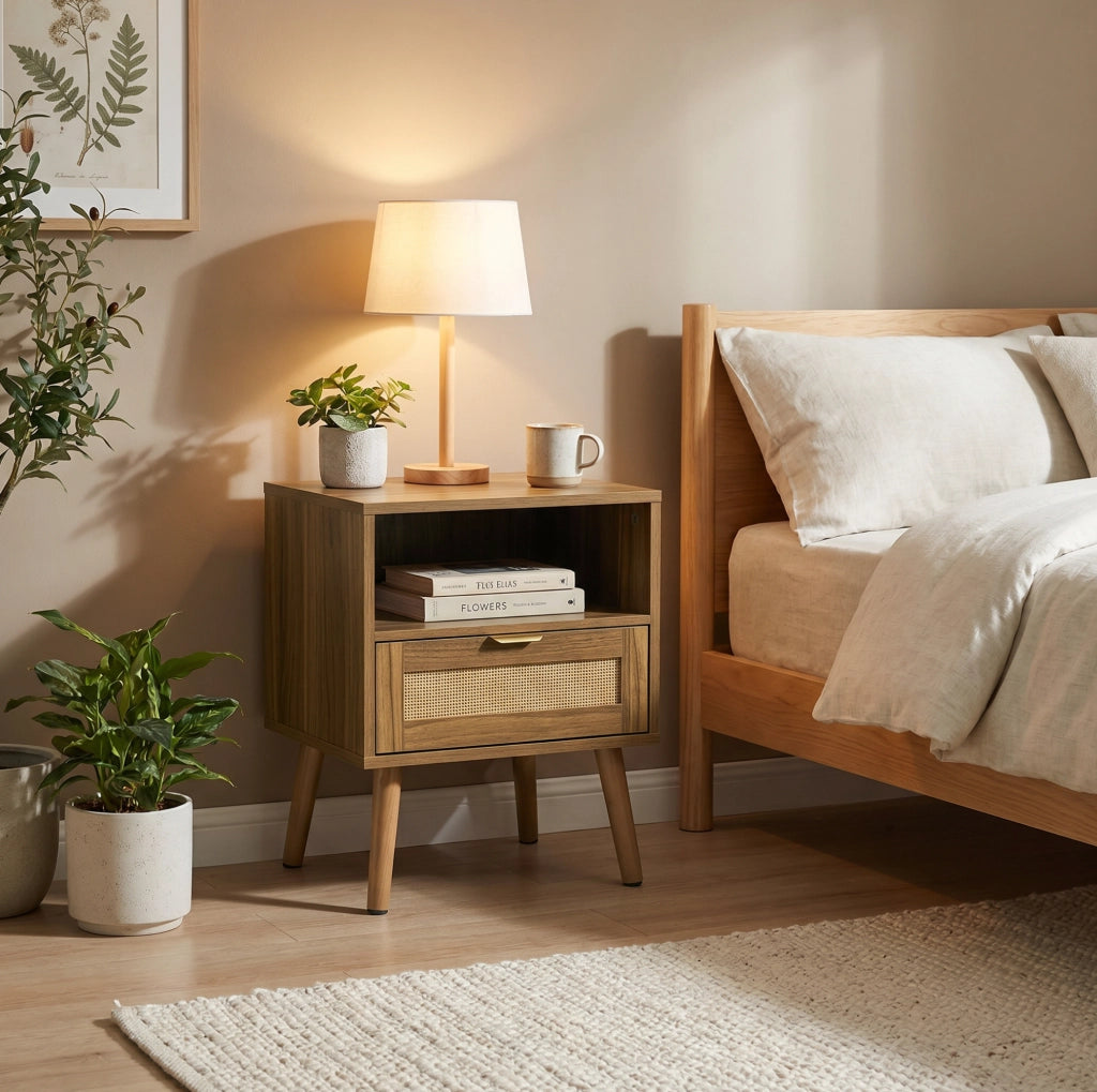Comodino boho in rattan e MDF color noce con cassetto