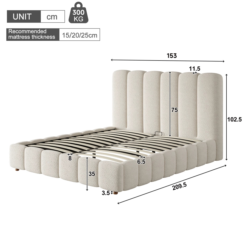 Letto contenitore 140 × 190 cm 2 posti con apertura idraulica e testiera imbottita; senza materasso; in bouclé bianco