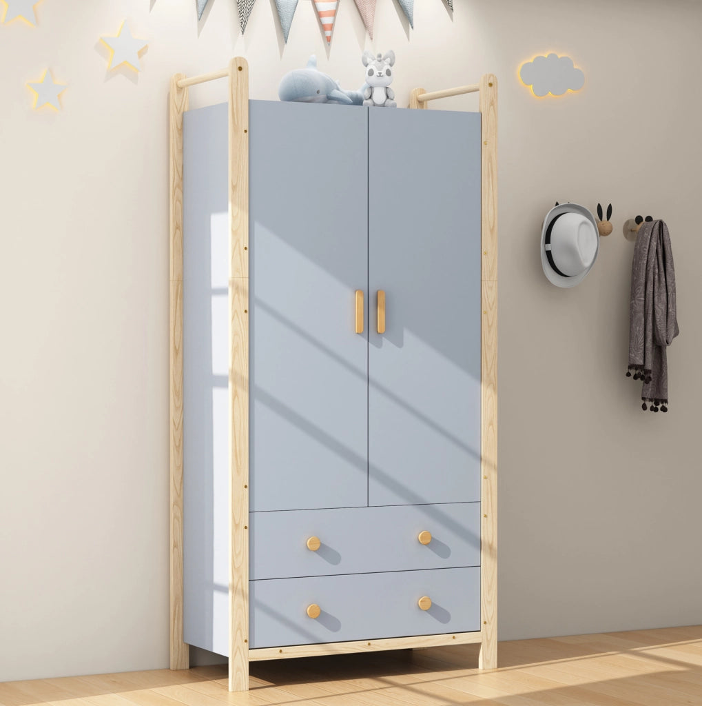 Armadio 2 ante con appendiabiti e 2 cassetti, struttura in truciolato blu, telaio in pino, 90x45x180 cm