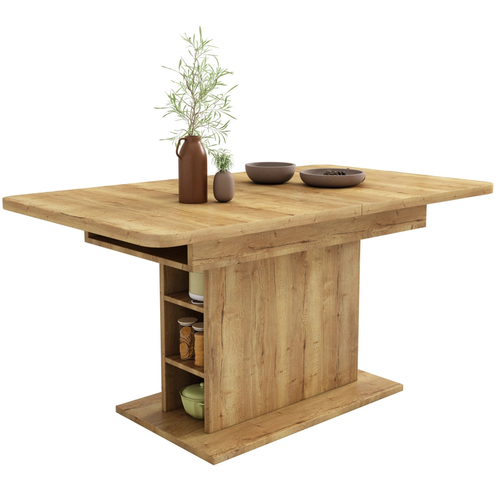Tavolo da pranzo allungabile in pannelli truciolari e metallo, 110/130x70x75 cm, con spazio contenitivo, design rettangolare moderno color naturale