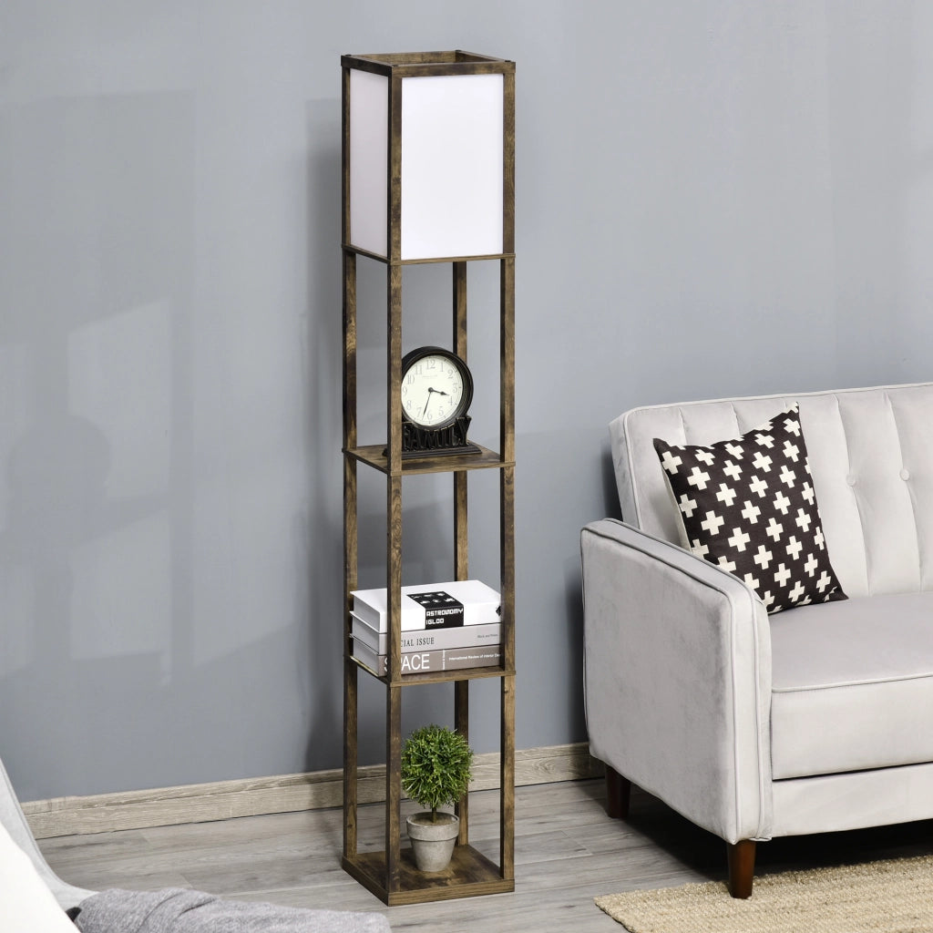 Lampada da terra con 3 mensole integrate, colore legno, attacco E27 potenza 40W, 26x26x160cm, design moderno per casa