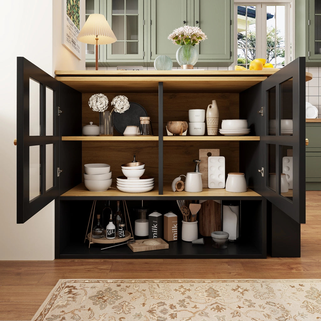 Credenza girevole 360° con ante in vetro temperato, ripiani regolabili e struttura in MDF 138-204 cm