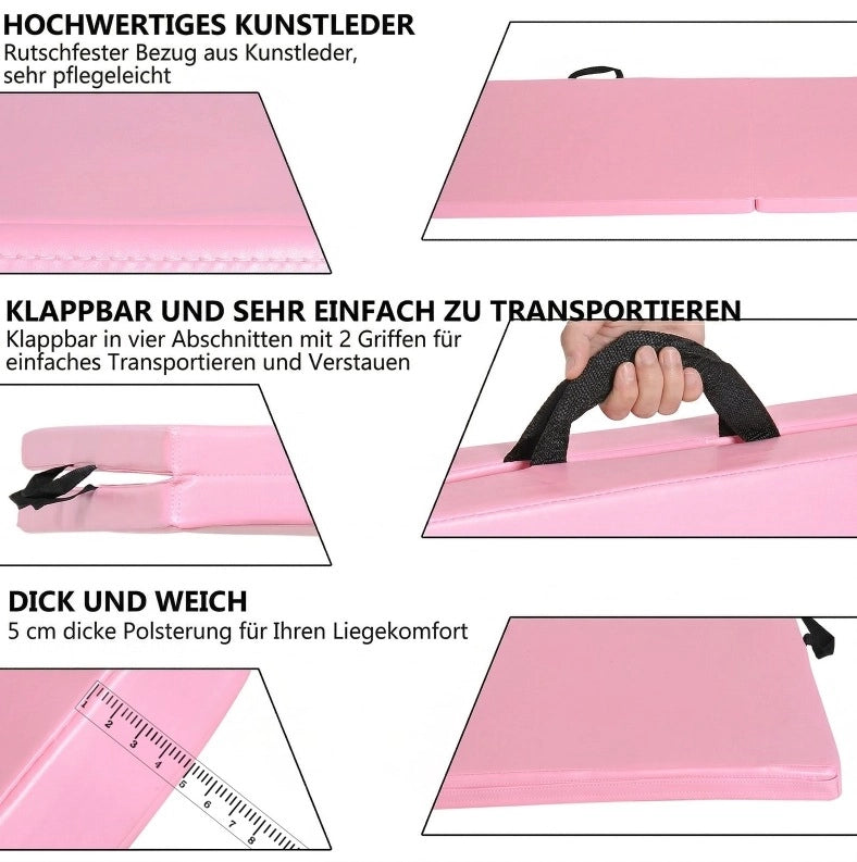 Tappetino da ginnastica pieghevole ULEVR rosa con maniglie, rivestimento sintetico antiscivolo e imbottitura in schiuma EPE