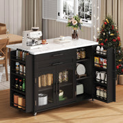 Isola da cucina con piano ribaltabile ruote bloccabili ante in vetro e 2 cassetti MDF nero