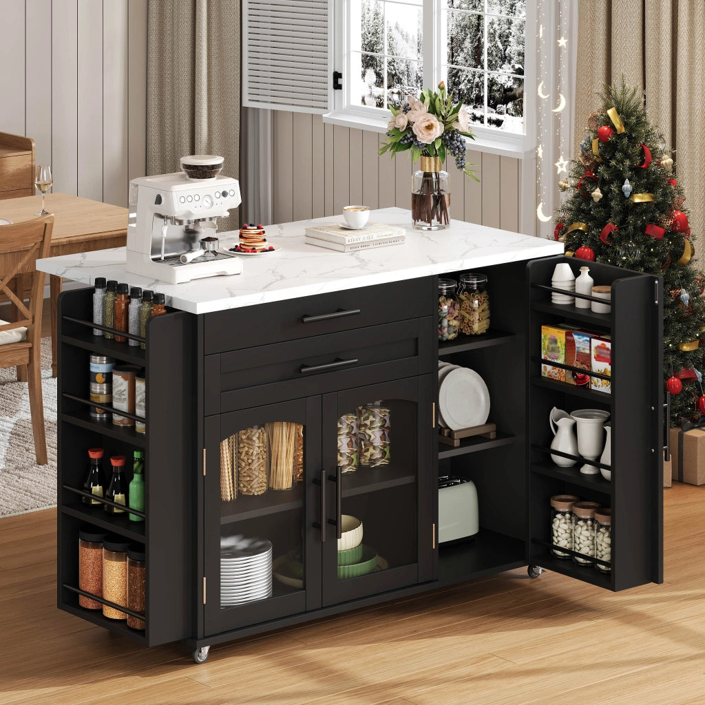 Isola da cucina con piano ribaltabile ruote bloccabili ante in vetro e 2 cassetti MDF nero