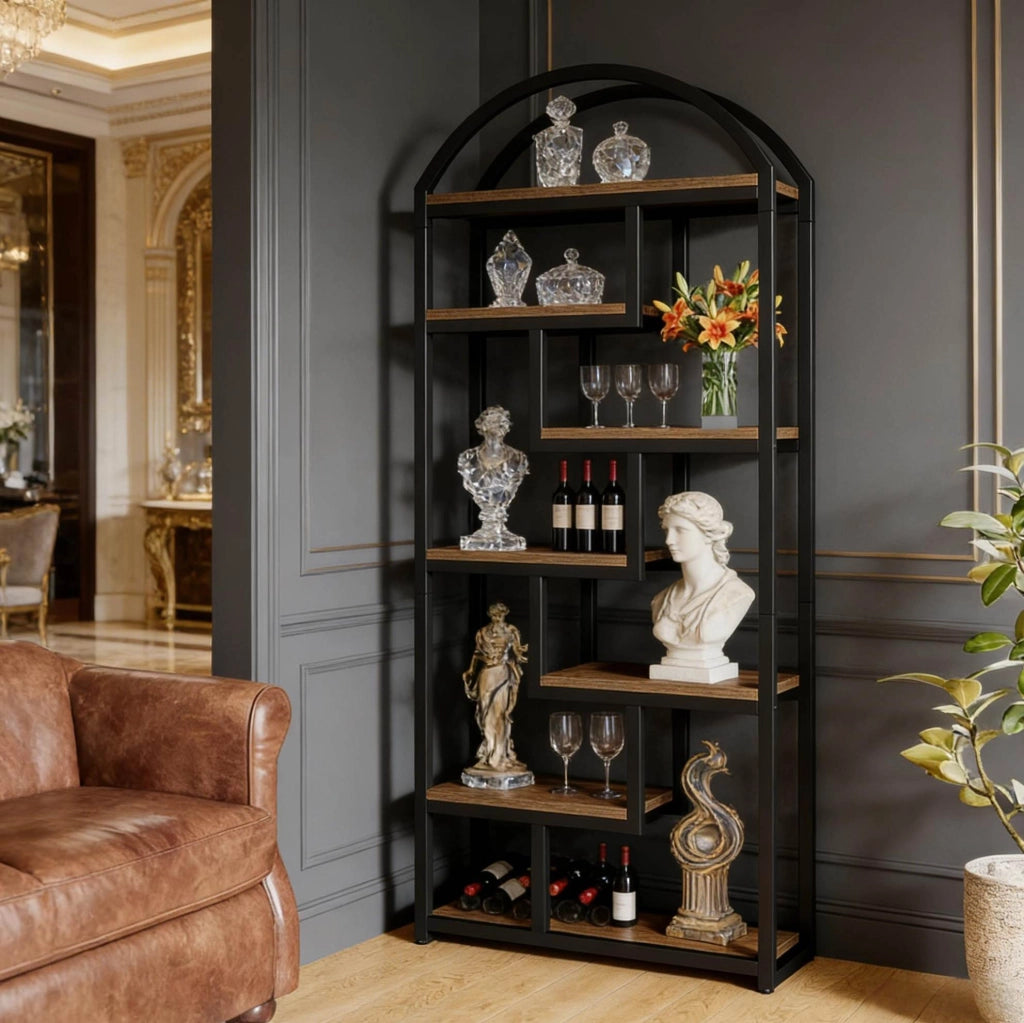 Libreria 80x30x180 cm in MDF e metallo nero, 7 ripiani, salvaspazio