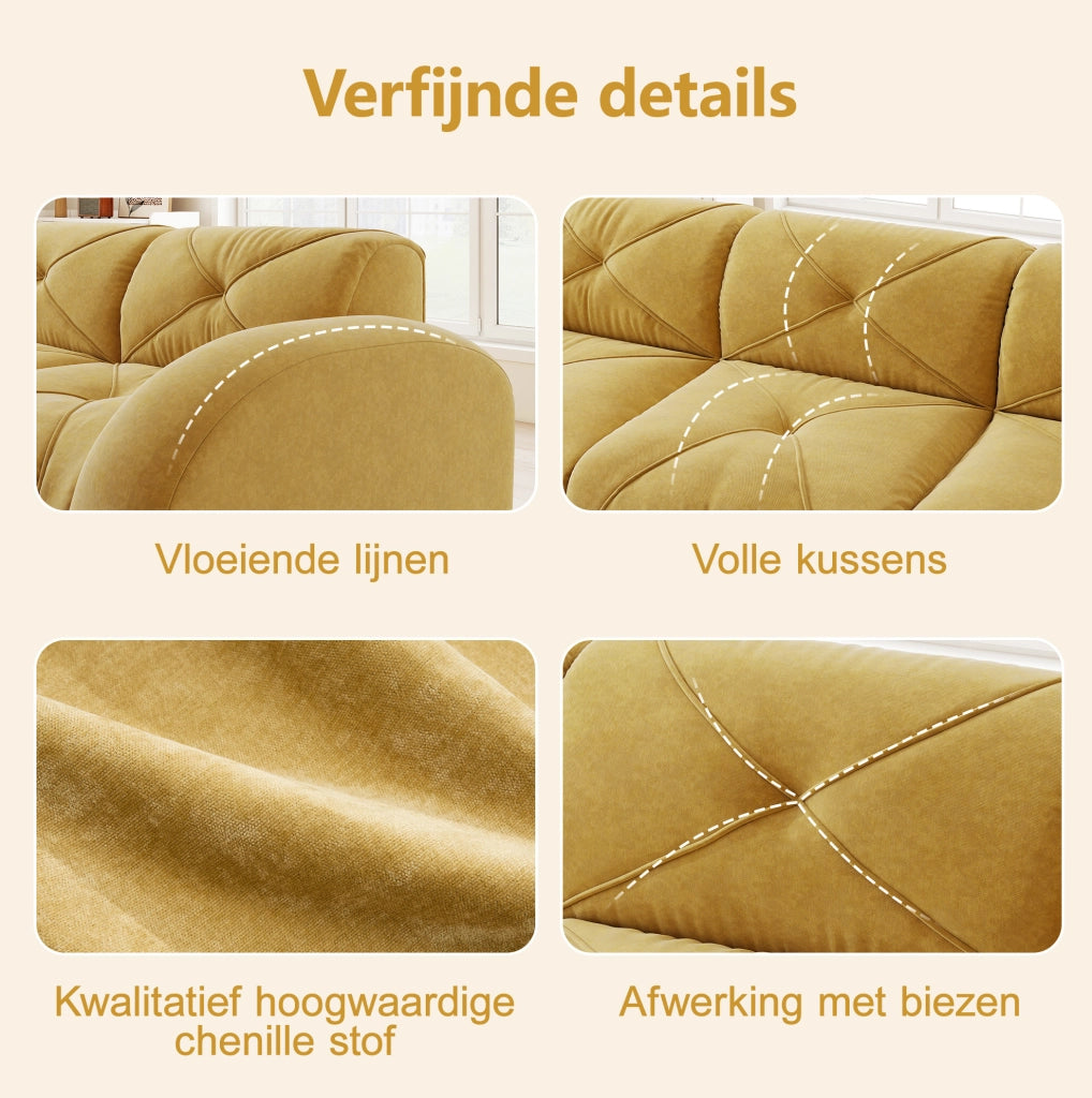 Divano modulare 2 posti in Chenille giallo con 2 pouf, senza struttura, ideale per soggiorno e appartamenti