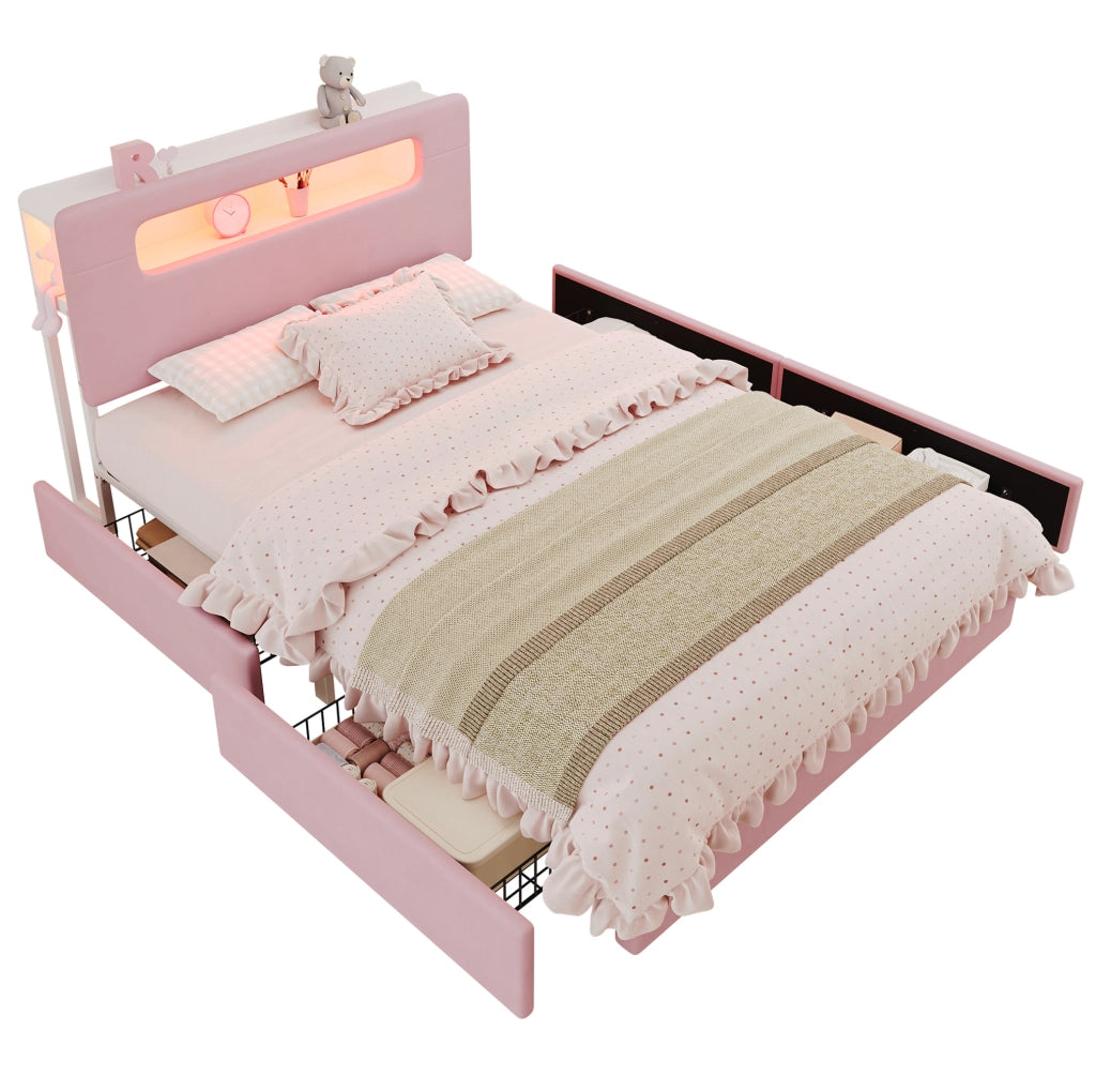 Letto imbottito ULEVR 140x200 cm rosa con 4 cassetti laterali, testiera con vano aperto e LED controllato tramite app