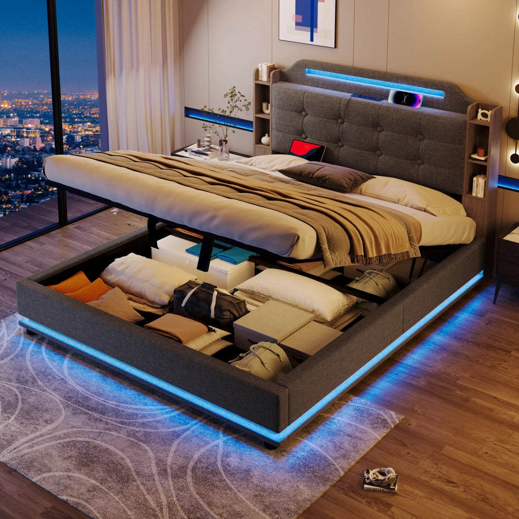 Letto contenitore 140 × 200 cm con LED USB e Type-C rivestito in lino grigio con vani laterali