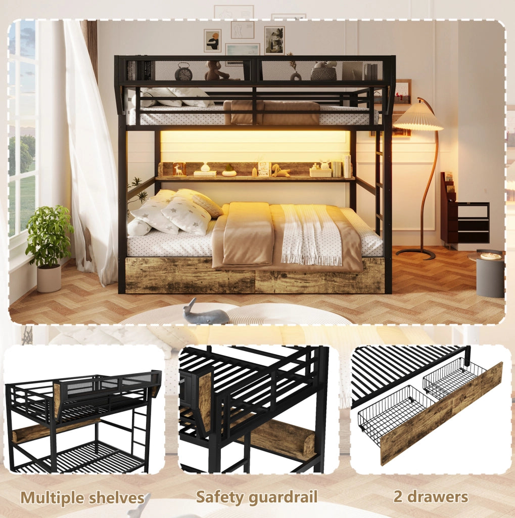 Letto a castello ULEVR 140x200 cm con LED multicolore, 2 cassetti, ripiani e cestino laterale, nero
