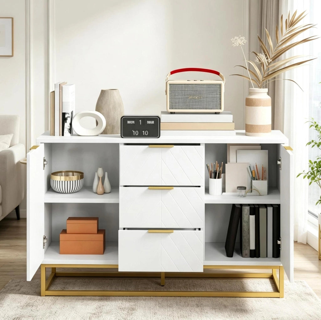 SIDEBOARD 120x40x76 cm MDF Bianco e Metallo Oro con 2 Armadi e 3 Cassetti