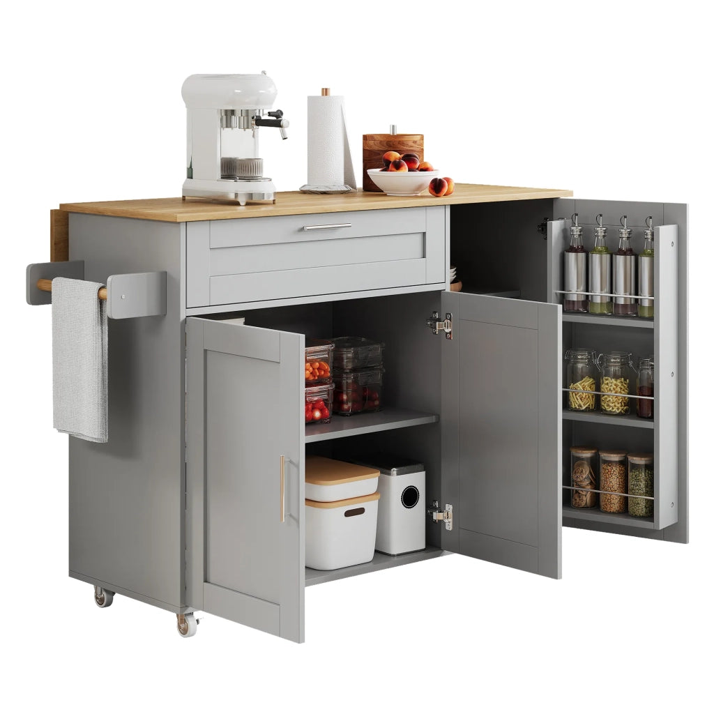 Tavolo da cucina mobile 132,5x44x90 cm, piano ribaltabile effetto rovere, con armadio multifunzione, portaspezie e portasciugamani, 5 ruote
