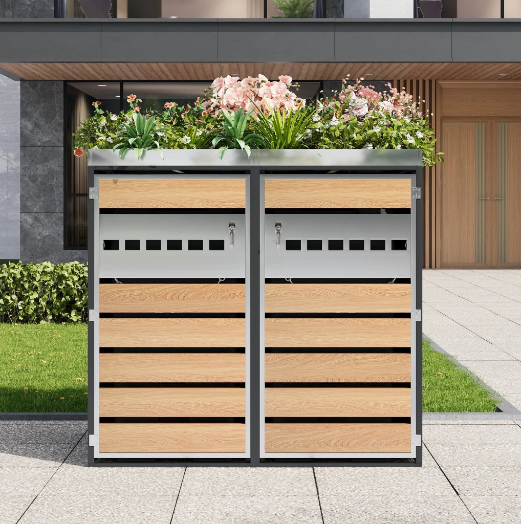 Box per bidoni della spazzatura con fioriera integrata, struttura in acciaio zincato con due porte richiudibili