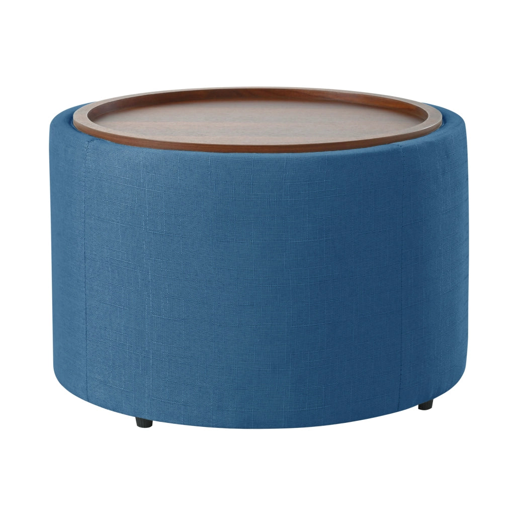 Set di 2 Pouf Nesting con Contenitore, Rivestimento in Lino e Ripiano in Legno, Tavolino Rotondo 58 cm, Blu