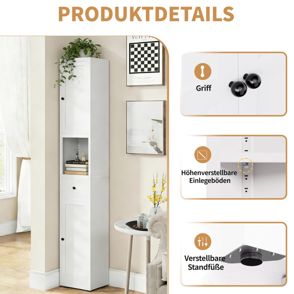 Mobiletto bagno bianco in metallo stretto con 5 ripiani regolabili e 2 ante, H 180 x L 30 x P 30 cm