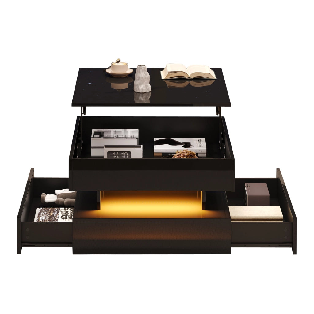 Tavolino sollevabile quadrato nero con luce a LED e contenitore