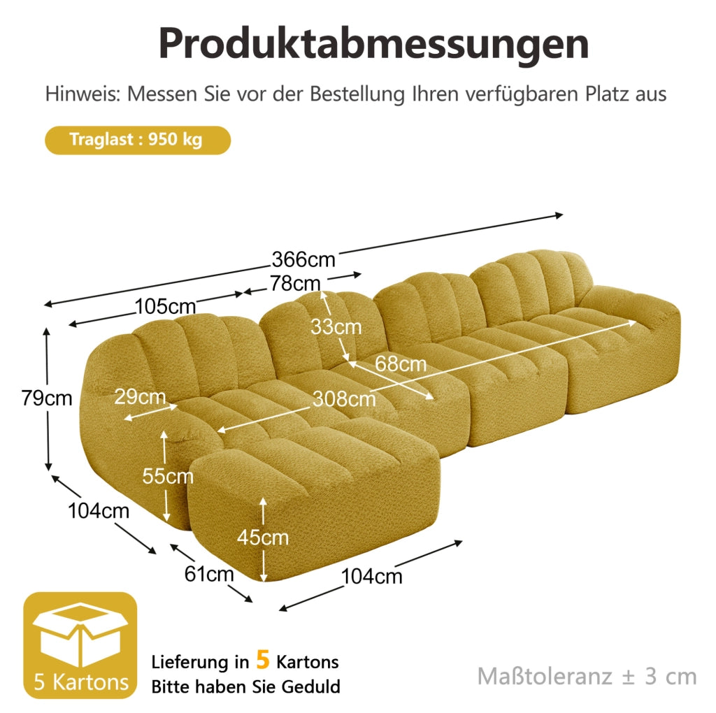 Divano modulare 4 posti con pouf, schiuma ad alta densità 32D, tessuto morbido giallo, design ergonomico per soggiorno