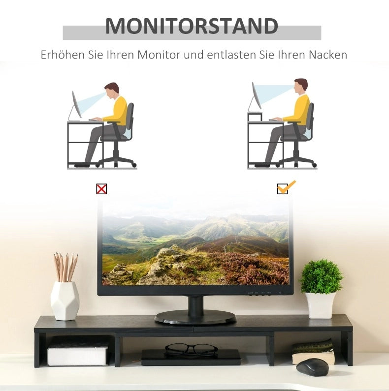 Supporto monitor ULEVR regolabile 80-117x23,5x10 cm con ripiani, nero, per PC e laptop