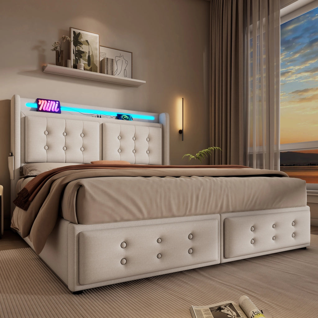 Letto contenitore 160 × 200 cm con testiera LED e ricarica USB Type-C in cotone e lino beige