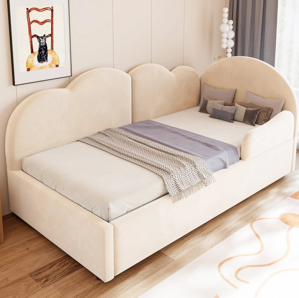 Letto imbottito a L con letto estraibile in velluto beige
