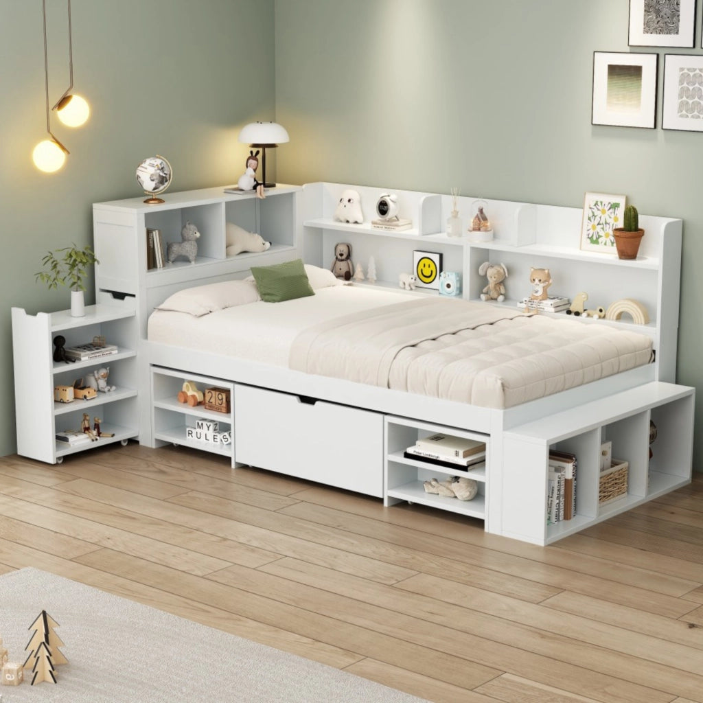 Letto con cassetti 90 × 200 cm con armadio e libreria in compensato bianco