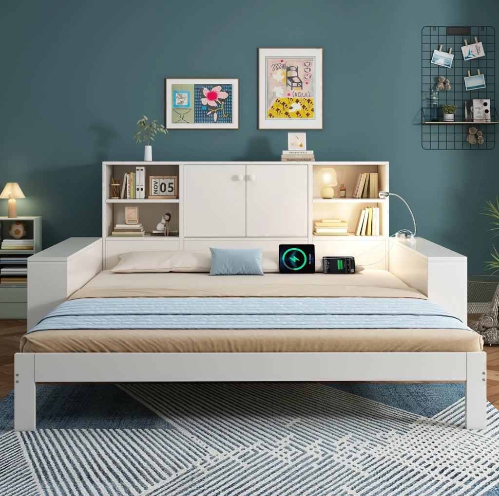 Letto salvaspazio 90x200 cm bianco con letto estraibile, spazio contenitivo, doppie porte e porte USB/USB-C – letto singolo e giorno senza materasso