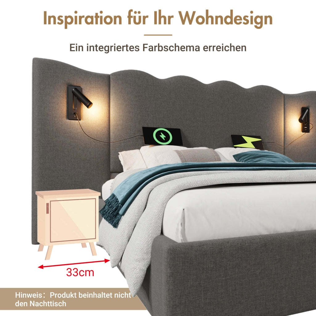 Letto Matrimoniale 180x200 cm Imbottito Contenitore con USB-C; Lino; Grigio