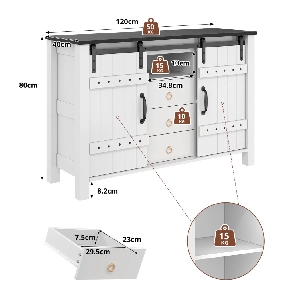 Sideboard bianco in legno rustico con 2 ante scorrevoli e 3 cassetti, larghezza 120 cm