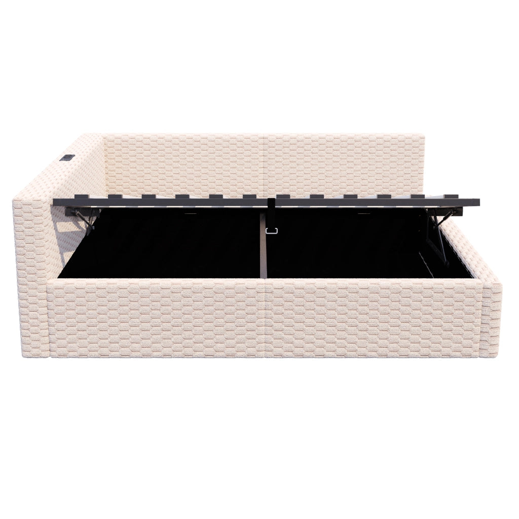 Letto imbottito 140x200 cm con vano contenitore; LED; USB e Type-C; velluto beige