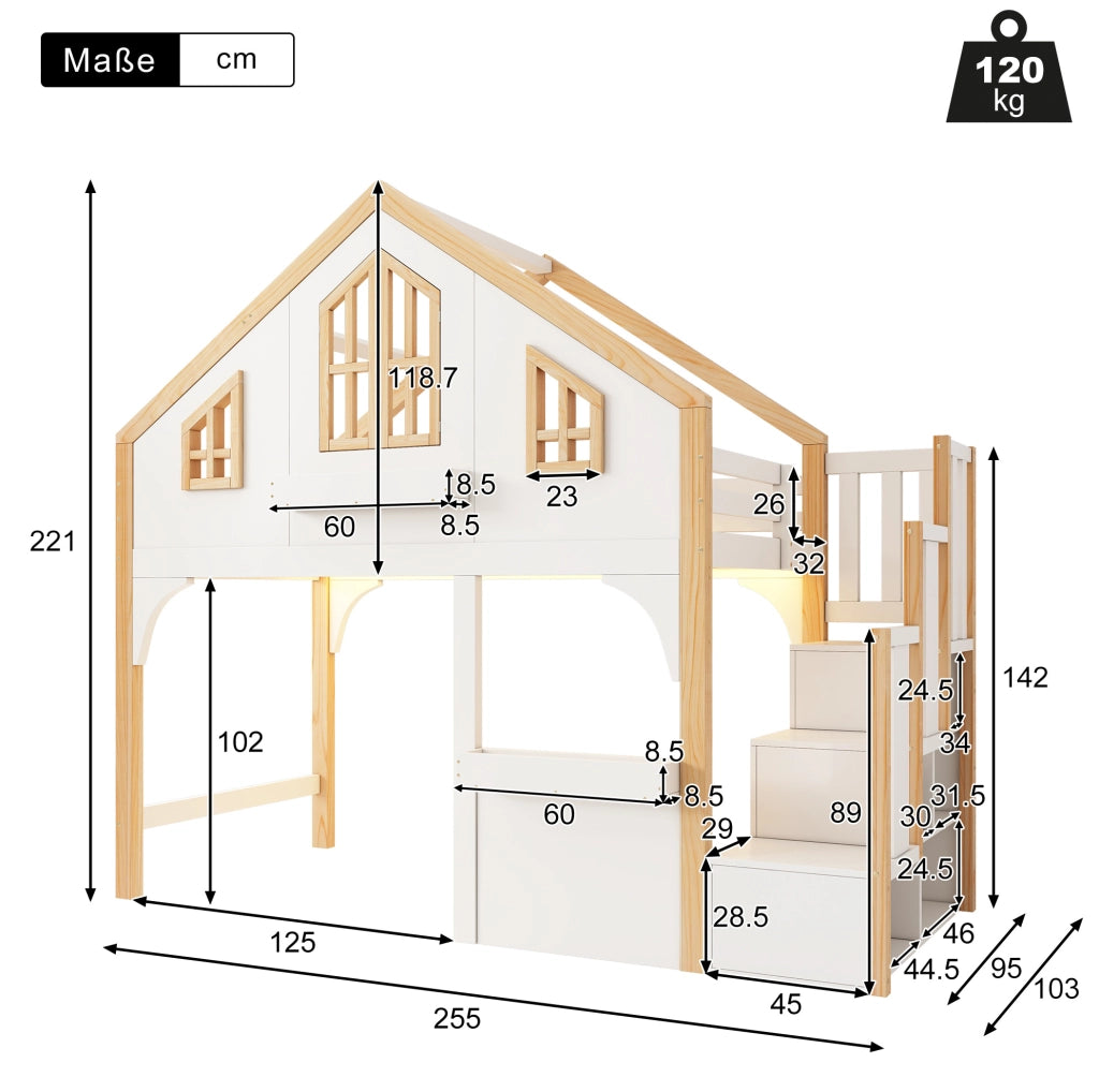 Letto soppalco bimbi 90x200 in legno bianco con LED e scala contenitore