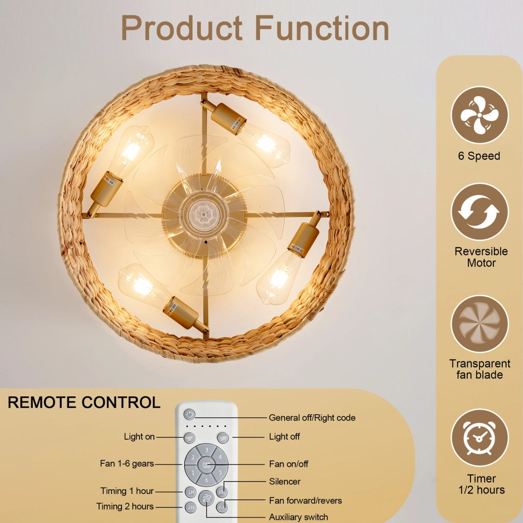 Ventilatore da soffitto con luce 4 portalampada E26 controllo Bluetooth e telecomando 6 velocità rame