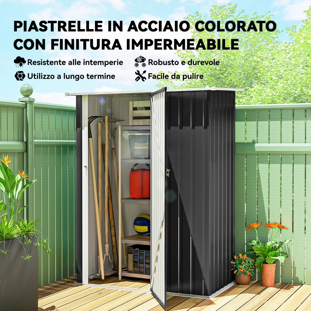 Capanno porta attrezzi da giardino in metallo grigio scuro, casetta con tetto inclinato e porta bloccabile, robusto e pratico, 142x86x189 cm