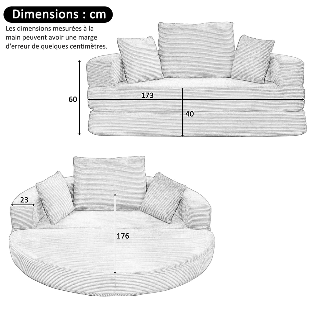 Divano letto pieghevole multifunzione 173 x 176 cm in cordino nero, con 3 cuscini
