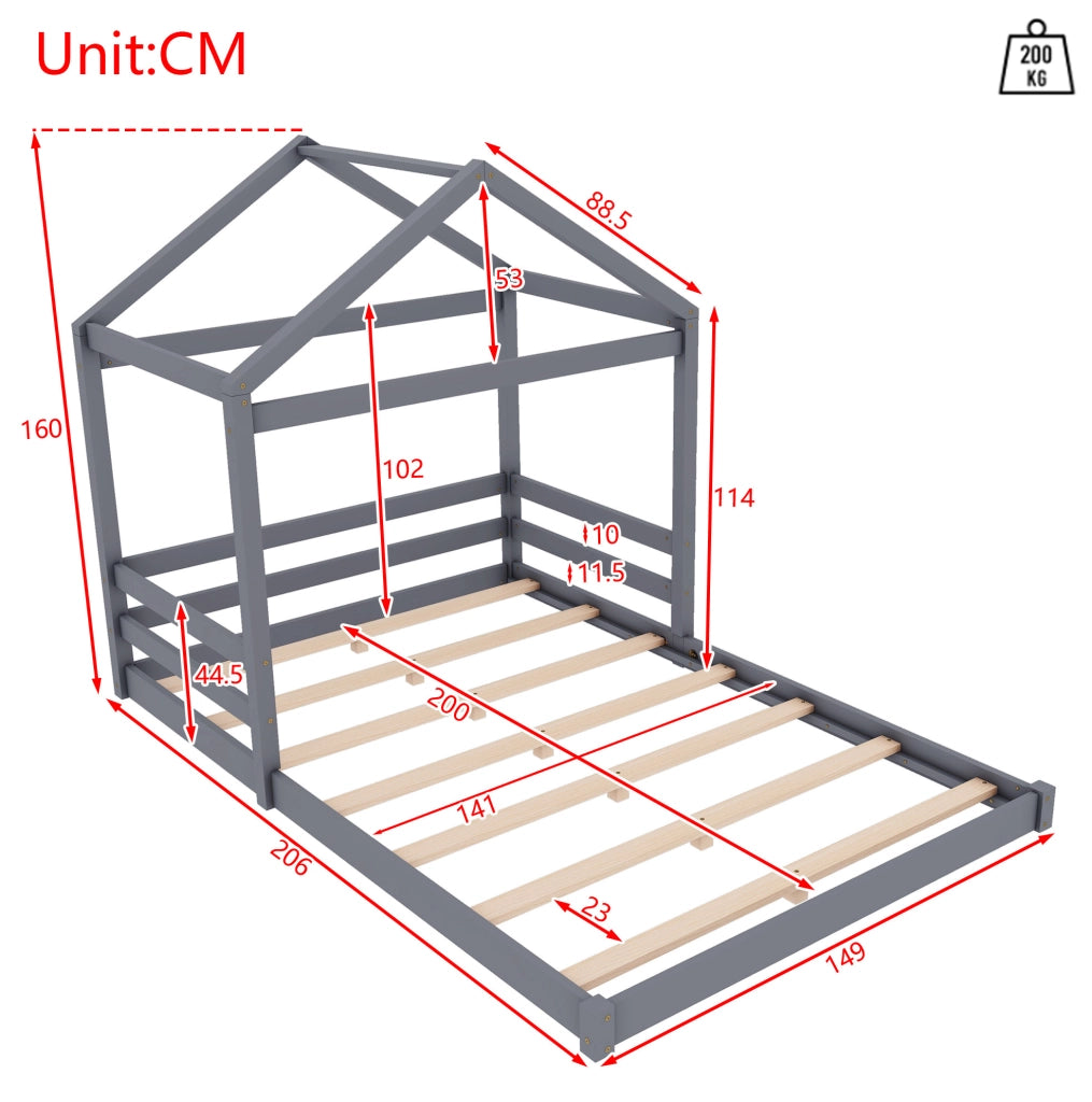 LETTO a casetta 140x200 cm in legno di pino e MDF grigio con rete a doghe