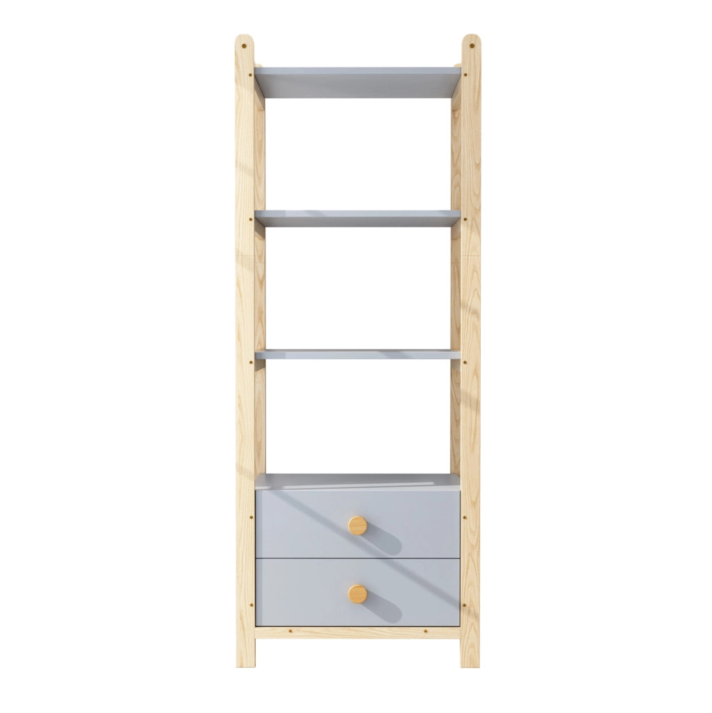 Libreria a 4 livelli con 2 cassetti, struttura in pino e maniglie in legno massello, blu e naturale, 70×44×180 cm