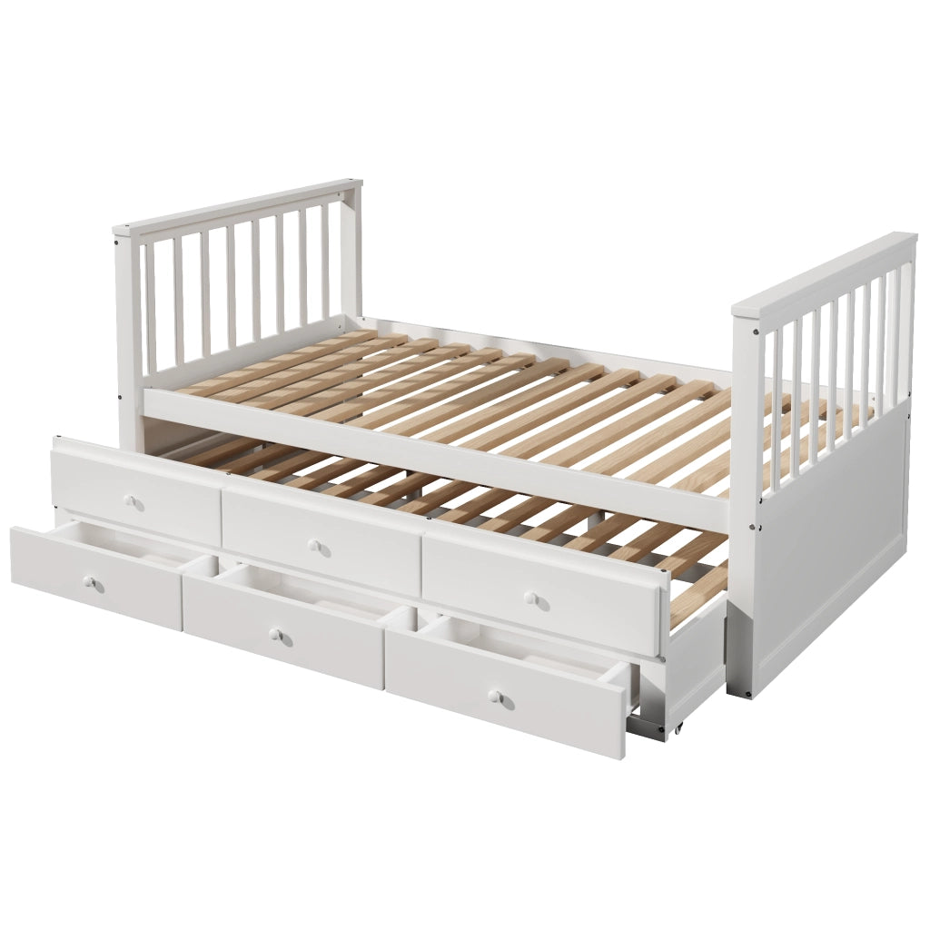 Letto singolo 90x200 con letto estraibile; ripiani LED dimmerabile e USB; pino e MDF bianco