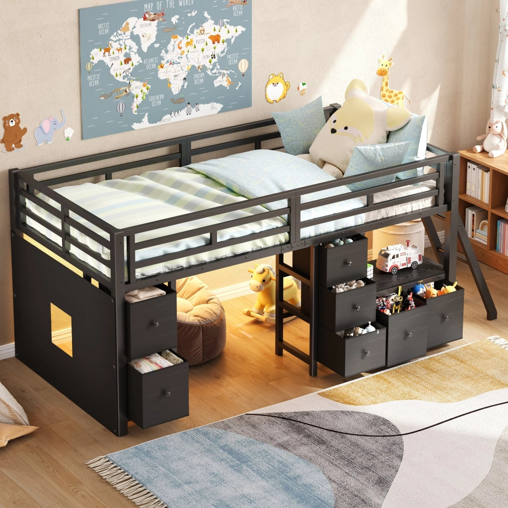 Letto a soppalco basso 90x200 cm con 7 cassetti e LED nero HOMVRA