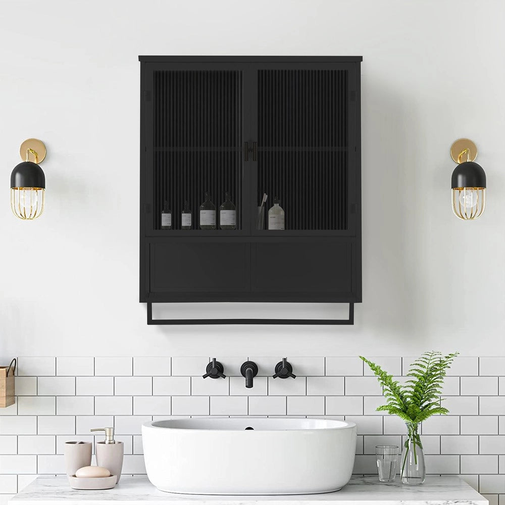 Mobiletto Bagno con Ante in Vetro e Portasalviette ¨C MINIMAL ¨C Nero, 60 cm