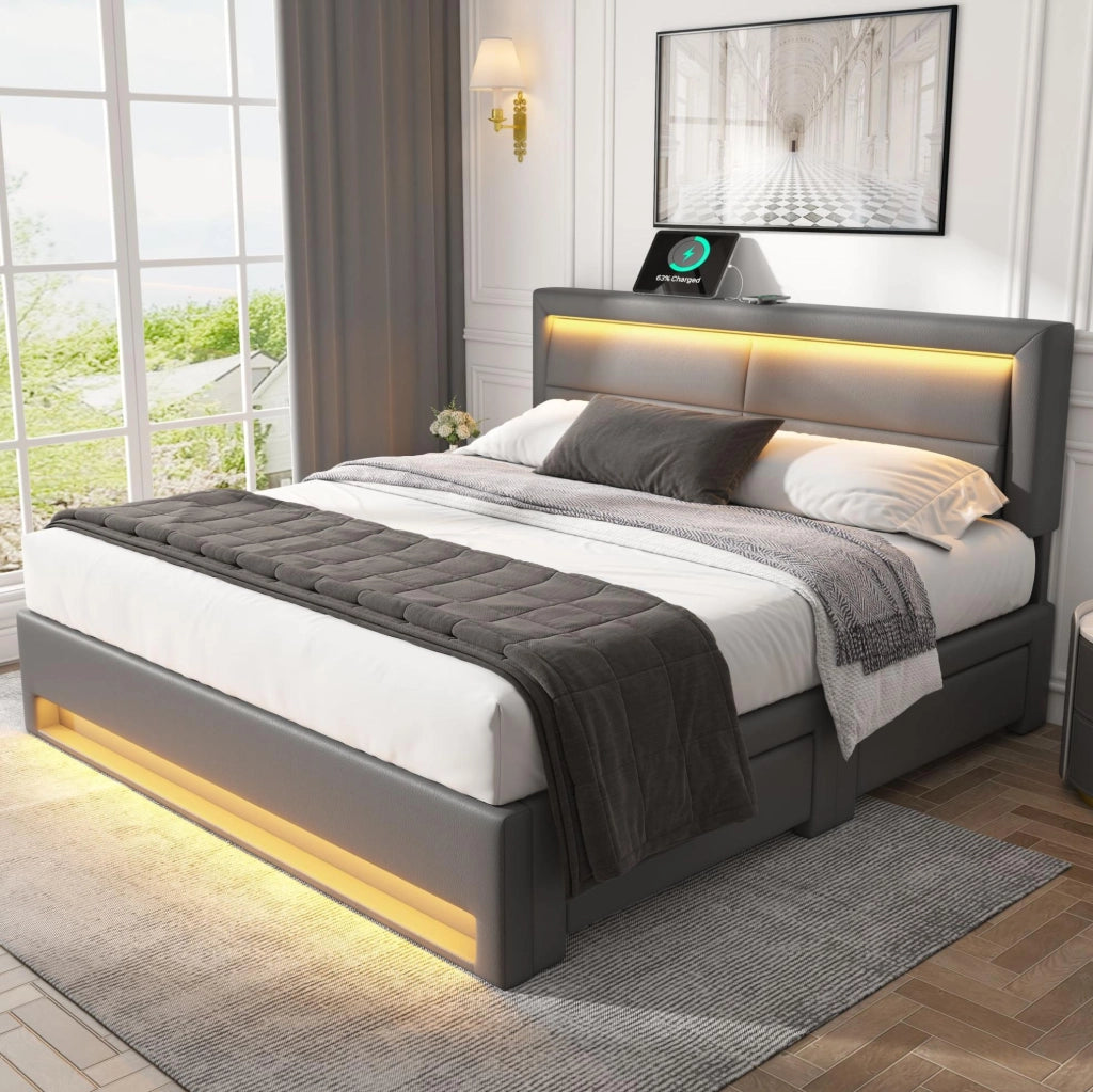 Letto imbottito 140x200 cm con LED, USB e 4 cassetti