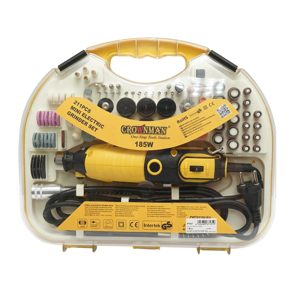 Kit mini fresa 185W, 220V tipo biax, 9 velocità 8000-35000rpm 211 pezzi Crownman