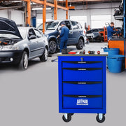 Carrello officina multifunzionale a 4 cassetti con ruote, struttura in acciaio verniciato, con piano in acciaio inox, nero e blu, 62,5x34,5x78 cm