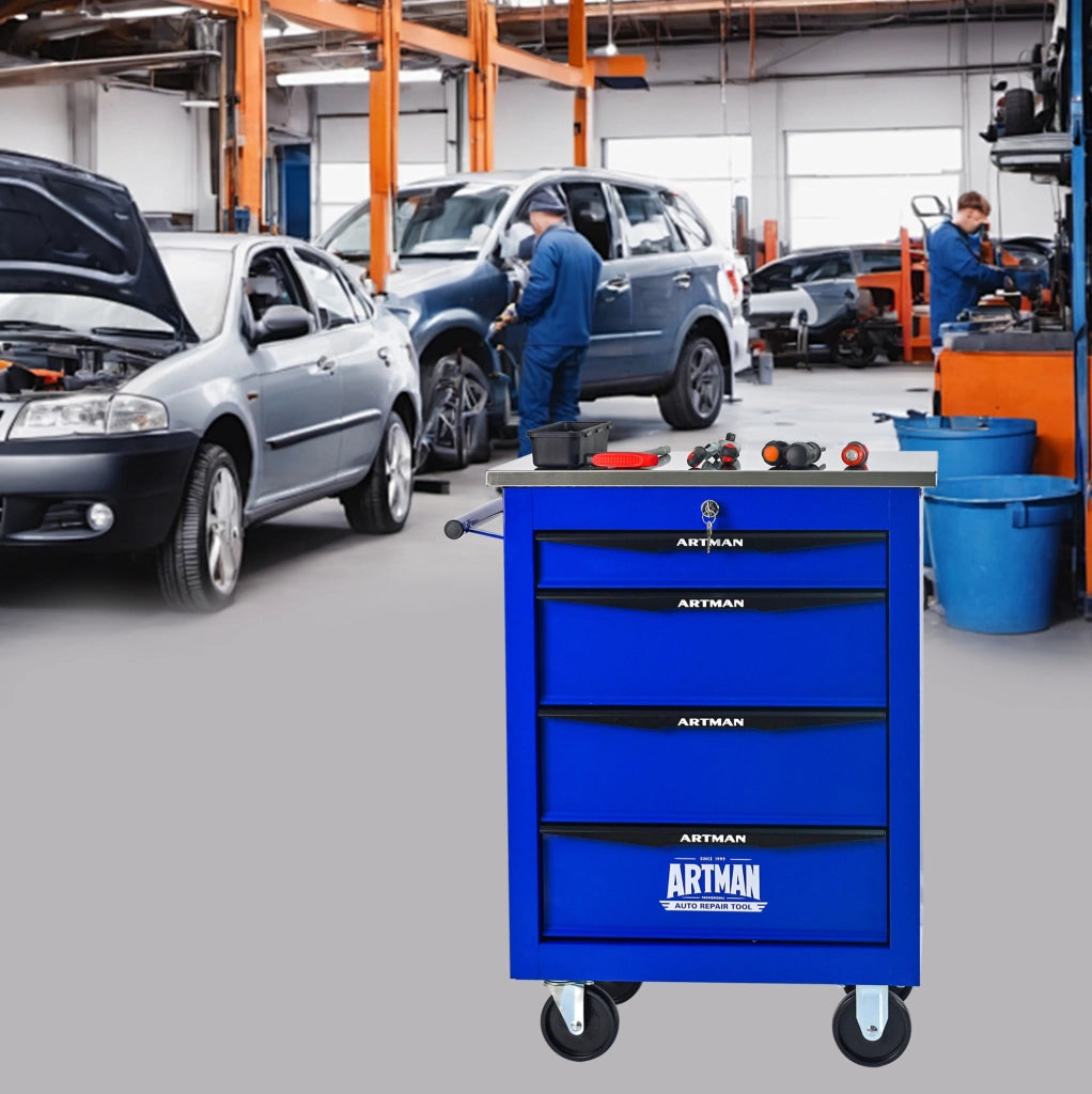 Carrello officina multifunzionale a 4 cassetti con ruote, struttura in acciaio verniciato, con piano in acciaio inox, nero e blu, 62,5x34,5x78 cm