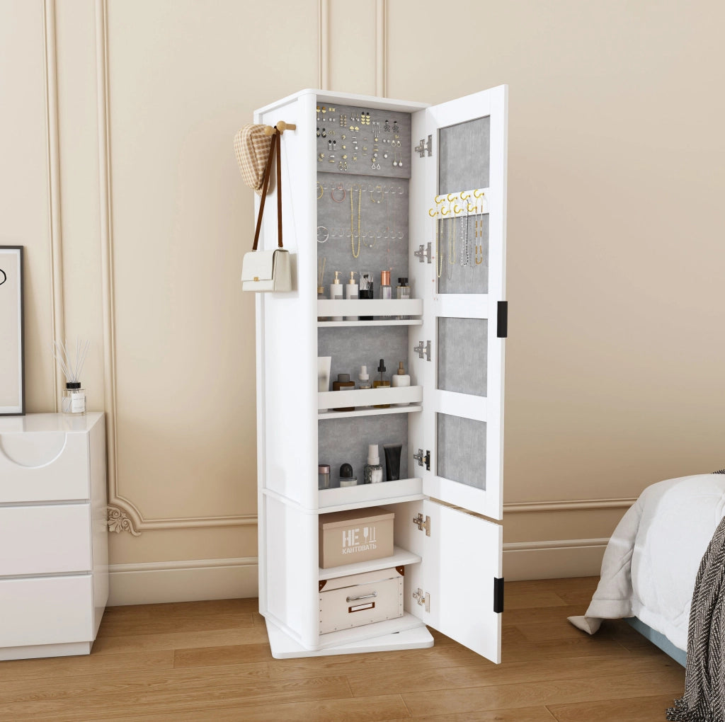 Mobile portagioie 4 in 1 girevole a 360° con specchio a figura intera; ripiani e 6 ganci; bianco