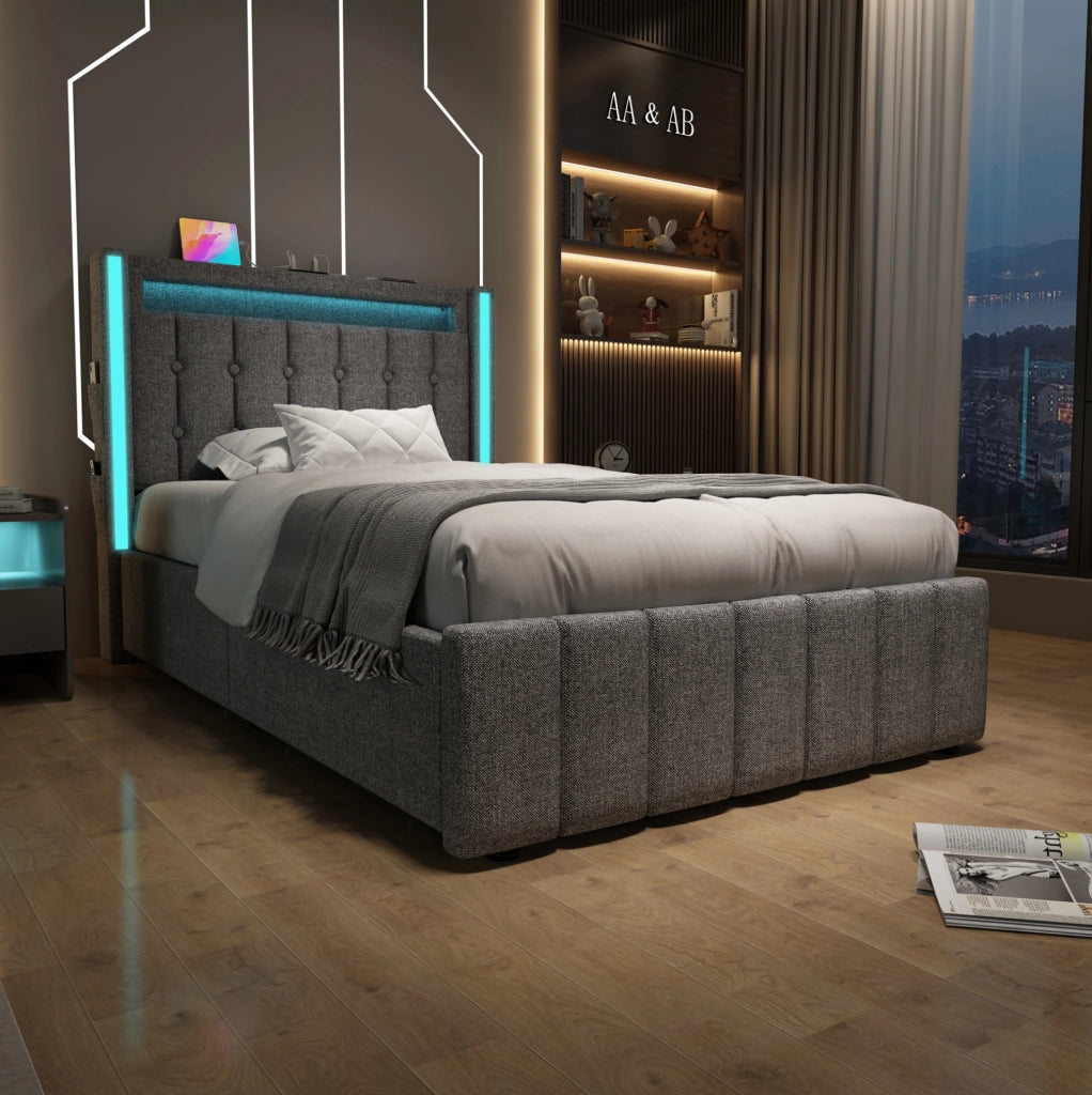 Letto singolo 90x200 cm con USB, Type-C, LED e 2 cassetti