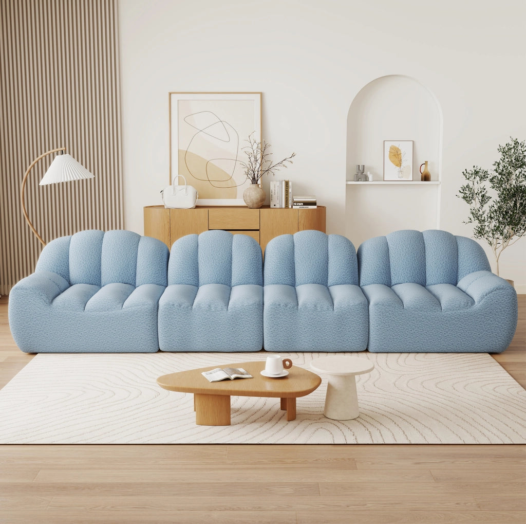 Divano modulare 366x104x79 cm in tessuto blu, 4 posti, senza montaggio